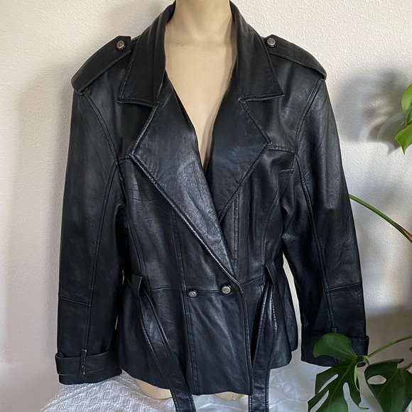 Vintage Black Leather Belted Jacket - Picture 2 of 8